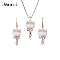Necklace Earrings Set IMucci Rose Gold Color Pendant Stud Earings For Women Fashion Cat Opan Stone Bridal Wedding Gifts