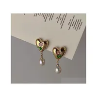 Dangle Chandelier Fashion Jewelry French Retro Enamel Tip Metal Heart Pearl Earrings S925 Sier Post Women Elegant Love Hearts Stud Dhxwp