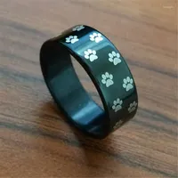 Wedding Rings Charm Black 8 Mm Wide Men Ring Dog Cat Footprint Stainless Steel Rainbow For Women Fashion Pet Owner Jewelry Gifts