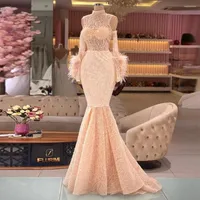 Party Dresses Xijun Luxury Feathers Sequin Beadings Mermaid Prom Long Sleeves High-Neck Evening Dress Wedding Gown 2023