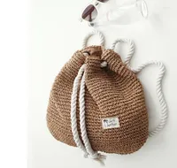 School Bags Summer Women Straw Backpack Handmade Beach Bag Drawstring Knapsack Knitted Crocheted Shoulder Travel