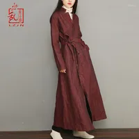 Women's Trench Coats LZJN Spring Autumn Maxi Coat Long Women's Slim With Belt Khaki & Wine Red Vintage Notched Collar Windbreaker