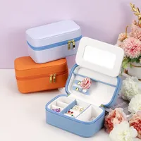 Jewelry Pouches Portable Organizer Candy Color PU Leather Storage Box Travel Jewellery Display Gift Case Earring Holder With Mirror