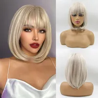 Short Straight Bob Synthetic Wigs with Bangs Ash Golden Natural Synthetic Hair for Women Daily Cosplay Heat Resistant Fiber Wigsfactory dire