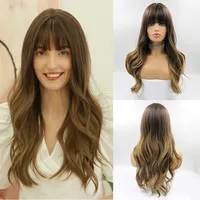 Long Brown Ombre Synthetic Wigs with Bangs Natural Wave Dark Brown Blonde Wigs Cosplay Daily Party Wig Heat Resistant Hairfactory direct