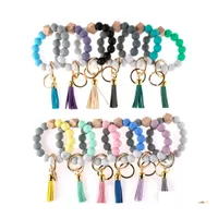 Key Rings Sile Beads Bracelet Ring Solid Color Tassel Wooded Double Keychain For Women Bangle Accessories Q386Fz Drop Delivery Jewelr Dhlnl
