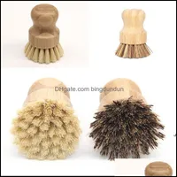 Cleaning Brushes Round Wood Brush Handle Pot Dish Household Sisal Palm Bamboo Kitchen Chores Rub Rrf14257 Drop Delivery Home Garden Othdy