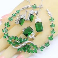 Necklace Earrings Set Geometric Green Semi-precious Silver Color For Women Wedding Bracelet Pendant Ring Gift Box