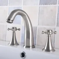 Bathroom Sink Faucets Brushed Nickel Brass Deck Mounted Basin Faucet Widespread Vanity Mixer Tap Three Holes Two Handles Anf681