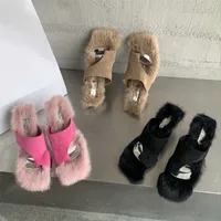autumn new fashion clip leather rabbit hair high heel sandals with thin heels and fur slippers