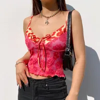 Women's Tanks 2000s Fashion Patchwork Rose Print Mesh Cami Tops Y2K Aesthetics Vintage Deep V-neck Bandage Red Cropped Top Sleeveless