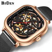Wristwatches BIDEN Square Automatic Mechanical Watch Men Black Rose Gold Mesh Steel Strap Skeleton Dial Mens Watches Top Clock