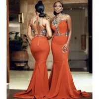 Burnt Orange Mermaid Bridesmaid Dresses ASO EBI African Sexy Sheer Back Appliques Beads With Button Covered Back Trumpet Long Maid of Honor Gowns Plus Size BC14902