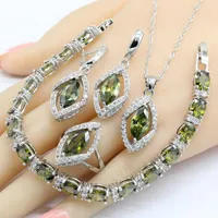 Necklace Earrings Set Silver Color For Women Olive Green Cubic Zirconia Bracelet Pendant Rings Free Gift Box