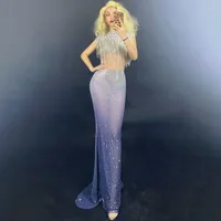Stage Wear Sparkling Rhinestone Fringes Long Dress Lady Evening Birthday Prom Party Dresses Bar Singer See Through Mesh Sexy Outfit