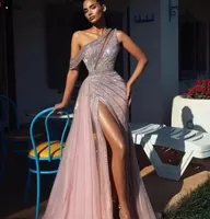 2023 Elegant Off Shoulder Long Prom Dresses Full Beaded For Arabic Women Sexy Front Split Formal Evening Pageant Gowns Robe De Soiree