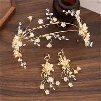 Necklace Earrings Set Golden Hairbands Tiaras Earring For Women Flower Pearl Tassel Crowns Hair Hoop Dangler Wedding Bridal Jewelry