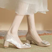 sheepskin padded satin high-heeled shoes for women with thick heels diamond buckle square head solid color shoes