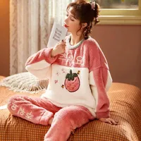 Women's Sleepwear 2023 Women Winter Pajamas Sets Coral Fleece Round Neck Sweet Cute 2Piece Set Loose Pyjamas Suit
