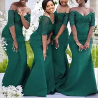 Emerald Green Lace Bridesmaid Dresses With Short Sleeves Mermaid Off Shoulder Plus Size African Girls Long Maid Of Honor Gowns