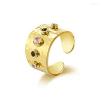 Wedding Rings Beat Texture Inlaid Colored Stone Stainless Steel For Women Fashion Design Gold Plated Openwork Open Ring