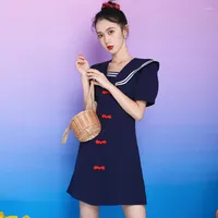 Party Dresses Women's Navy Style Lapel Dress Summer Waist Tight Thin Temperament A-Line Skirt Drop Fulfillment Ship