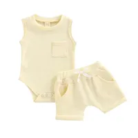 Clothing Sets 2023-03-28 Lioraitiin 0-18M Infant Baby Boy Girl 2PCS Summer Outfits Sleeveless Solid Color Waffle Knit Bodysuit Shorts Set