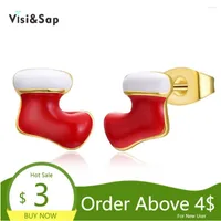 Stud Earrings Visisap Christmas Red Socks Boots Earring Gold Color Asymmetric For Women Fashion Year Gifts Jewelry VPE1607