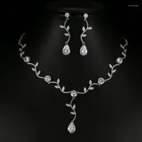Necklace Earrings Set Silver Color Zirconia Crystal Bridal Leaf Shape Choker Wedding Ornament For Women Engagement Gift