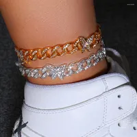 Anklets Hip Hop Full Rhinestone Butterfly Barefoot For Women Silver Color Cuban Link Chain Anklet Bracelet Jewelry