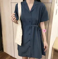 Party Dresses Vintage Women Solid Dress Korean V-neck Temperament Short-sleeve Button Preppy Style Female Casual Lace Up Mini
