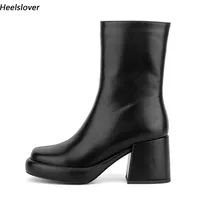 Heelslover New Fashion Women Winter Mid Calf Boots Chunky Heels Round Toe Elegant Black Brown Club Shoes Ladies US Size 5-13