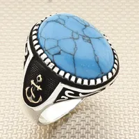 Cluster Rings Oxidized Dished Oval Blue Raw Turquoise Stone Men Silver Ring With Anchor Motif Made In Turkey Solid 925 Sterling