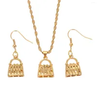 Necklace Earrings Set Gold Plated Stainless Steel Hand Bag Shape Pendant Necklaces Dangle Hoop For Women Cute