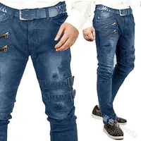 Men's Jeans Punk Vintage Men Skinny Denim Pants Low Waist Multi Zipper Rock Roll Pencil With Belt Long Trousers