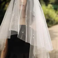 Bridal Veils Wedding Veil Short With Pearls Crystal Face-Covered Two-Layer Beaded Comb Velo De Novia White IvoryBridal