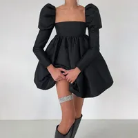 Casual Dresses Thorn Tree Gothic Black Party A-Line Dress Women Puff Long Sleeve Square Collar Ball Gown Vintage Backless Lace-up Mini Vesti