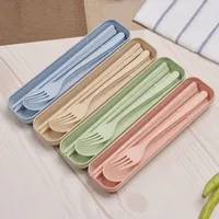 Dinnerware Sets 100set Travel Cutlery Portable Box Wheat Straw Knife Fork Spoon Students Kitchen Tableware