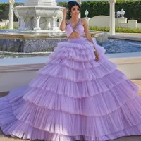 2023 Sexy Lavender Beaded Prom Dresses Pleated V Neckline Tiered Evening Gowns Sweep Train Tulle Special Occasion Formal Wear