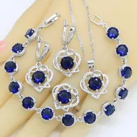 Necklace Earrings Set Heart Shape Silver Color For Women Blue Semi-precious Bracelet Rings Pendant Gift Box