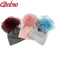 Berets Geebro Baby Girls Boys 15cm Multi-color Real Fur Pompm Cotton Stretch Beanies Hats Caps Soft Winter Kids Gifts