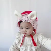 Berets Kids Winter Pullover Cute Baby Knit Yarn Lace Hat Stereo Ears Princess Infant Flower Windproof Cotton Ear Protection Cap