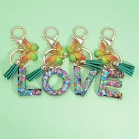 Keychains A -Z Heart Sequins Filled Letter Keychain With Green Tassel Fashion Women Purse Charms 26 Initials Butterfly Pendant Keyring