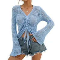 V-Neck Thin Wool Knitted Women's Sweaters Solid Color Loose Elegant Casual Pullover Blouse Tops with Hollow Out Holes Long Flare Sleeves Drawstring Breasted