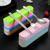 Dinnerware Sets 3pcs Portable Travel Tableware Set Stainless Steel With Box Kitchen Fork Spoon Dinner For Kid School Cutlery