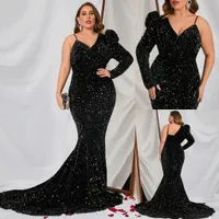 Black Sequined Plus Size Evening Dresses 2023 One Shoulder Neckline Prom Gowns Mermaid Long Sleeve Special Occasion Dress