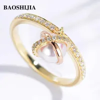 Cluster Rings BAOSHIJIA Solid 18k Yellow White Rose Gold Ring Natural Pearl With Diamonds Band Gemstone Pendant Jewelry