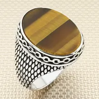 Cluster Rings Straight Oval Brown Tiger Eye Stone Silver Ring Men With Chain Motif Made In Turkey Solid 925 Sterling
