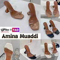 Amina Muaddi Sand￡lias Mulheres Sand￡lias Sami 95 PVC Sapatos de vestido de couro de couro de PVC Patent com caixa de salto alto plataforma de salto de salto de cristal