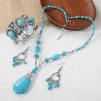 Necklace Earrings Set 2023 Fashion Blue Stone Bracelets For Women Boho Ethnic Alloy Vintage Silver Color Natural Bracelet Wedding Jewelry